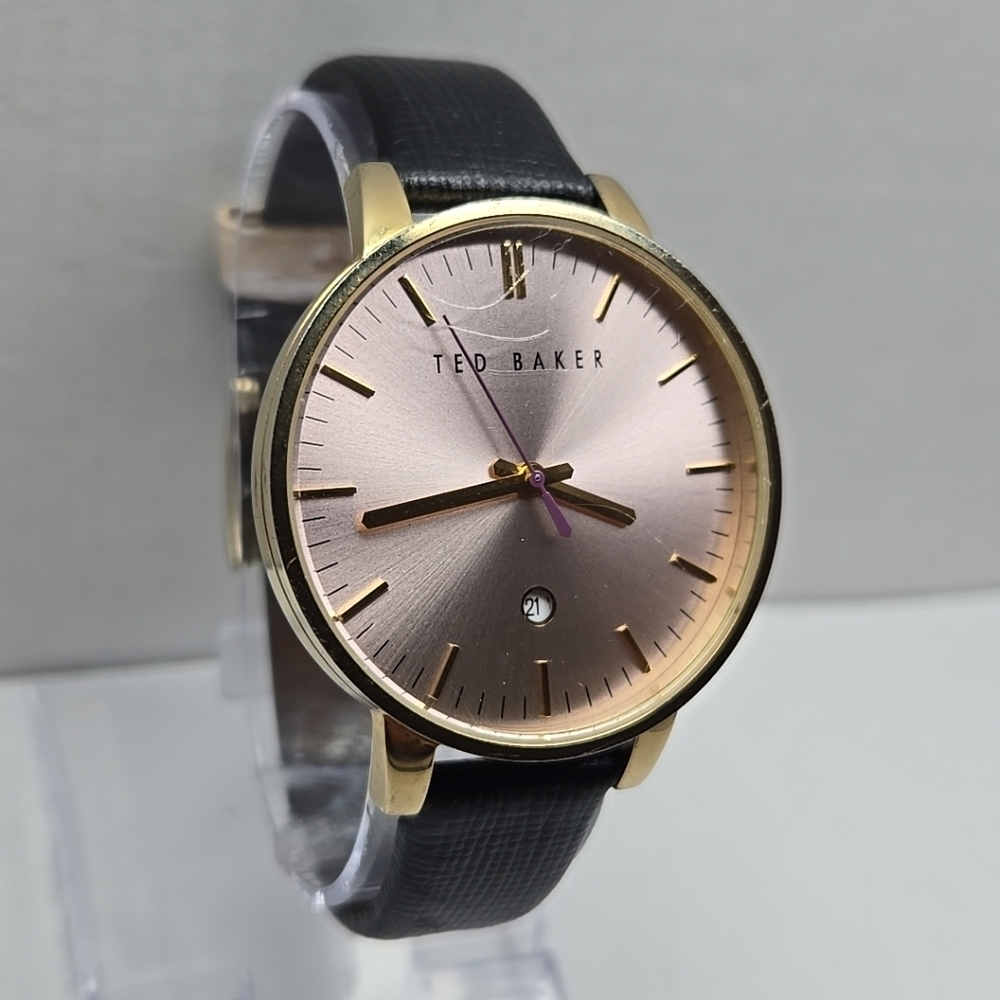 Ted Baker Kate Women's Watch Pink Date Dial Black Leather Band New Battery View 3
